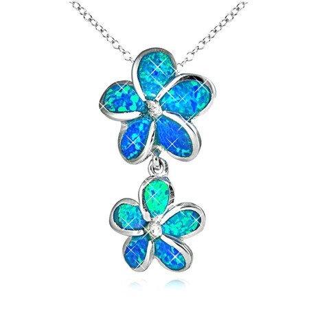 Blue Fire Opal Double Flower Sterling Silver Pendant - Click Image to Close